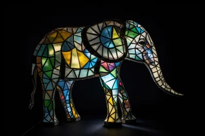 Stained Glass Elephant Lamp Against Black Background