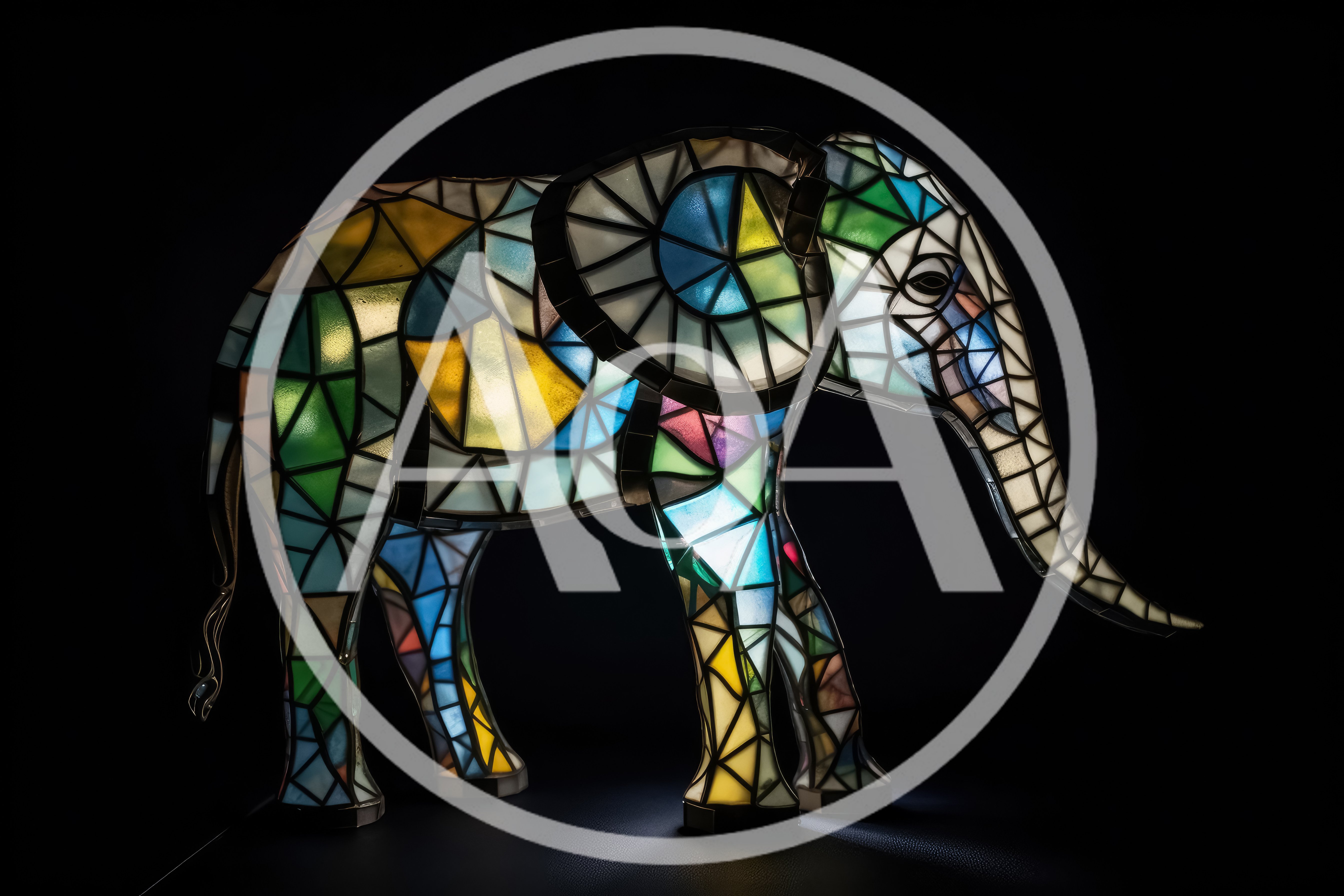 Stained Glass Elephant Lamp Against Black Background