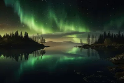 Aurora Borealis Reflecting Over A Calm Mountain Lake