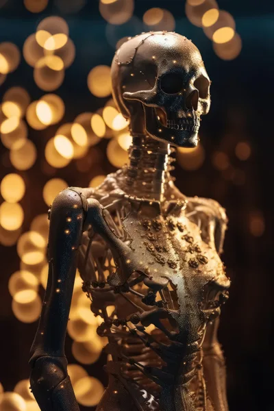 Artistic Metallic Skeleton Sculpture With Bokeh Background