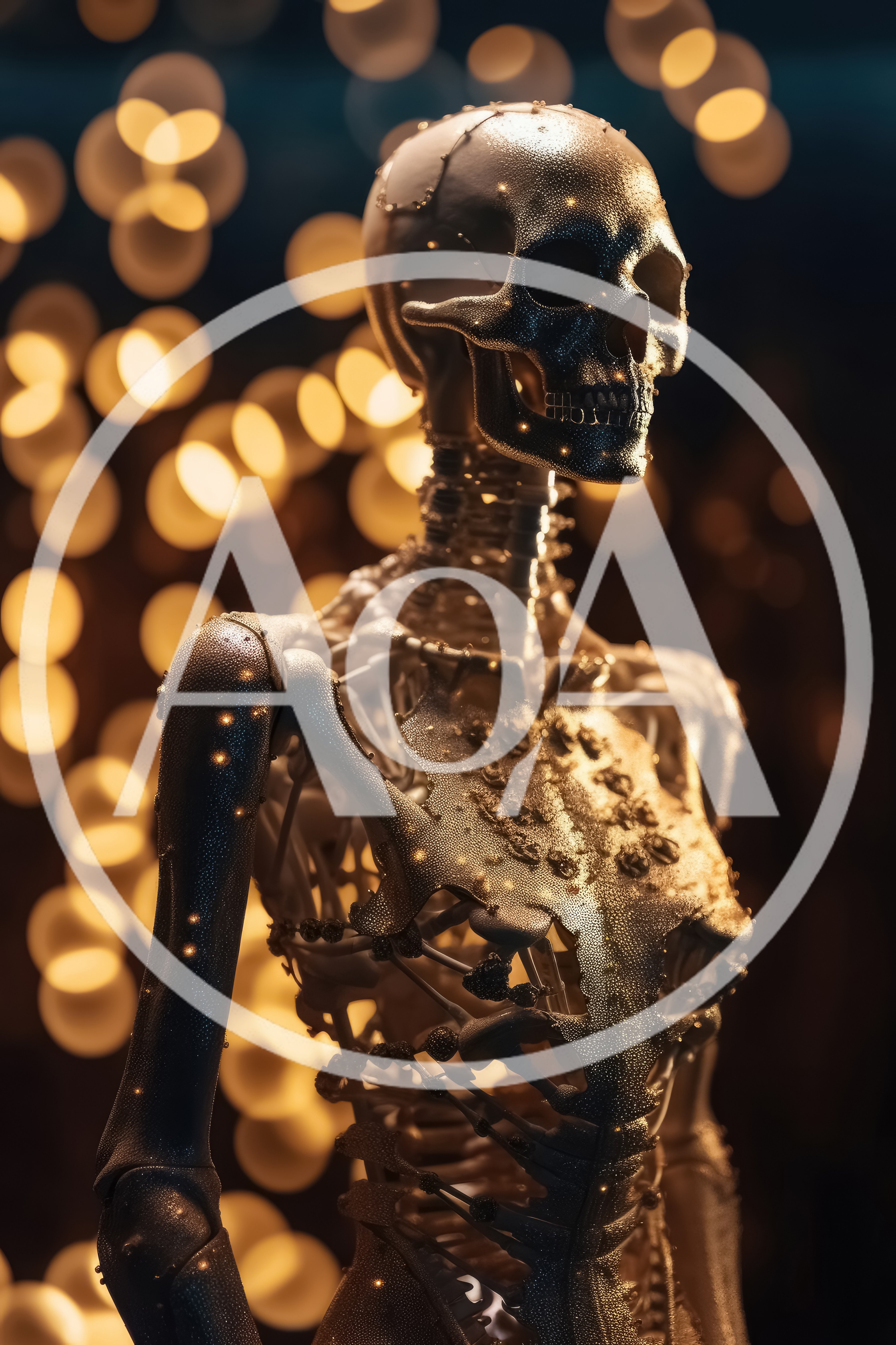 Artistic Metallic Skeleton Sculpture With Bokeh Background