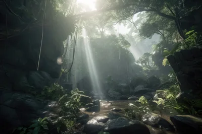 Sunlight Beams Through Dense Tropical Jungle Canopy