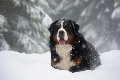Bernese Mountain Dog Playing In Snowy Forest