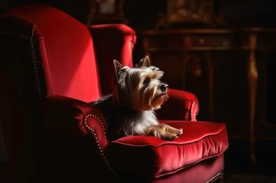 Yorkshire Terrier Resting on a Red Velvet Armchair