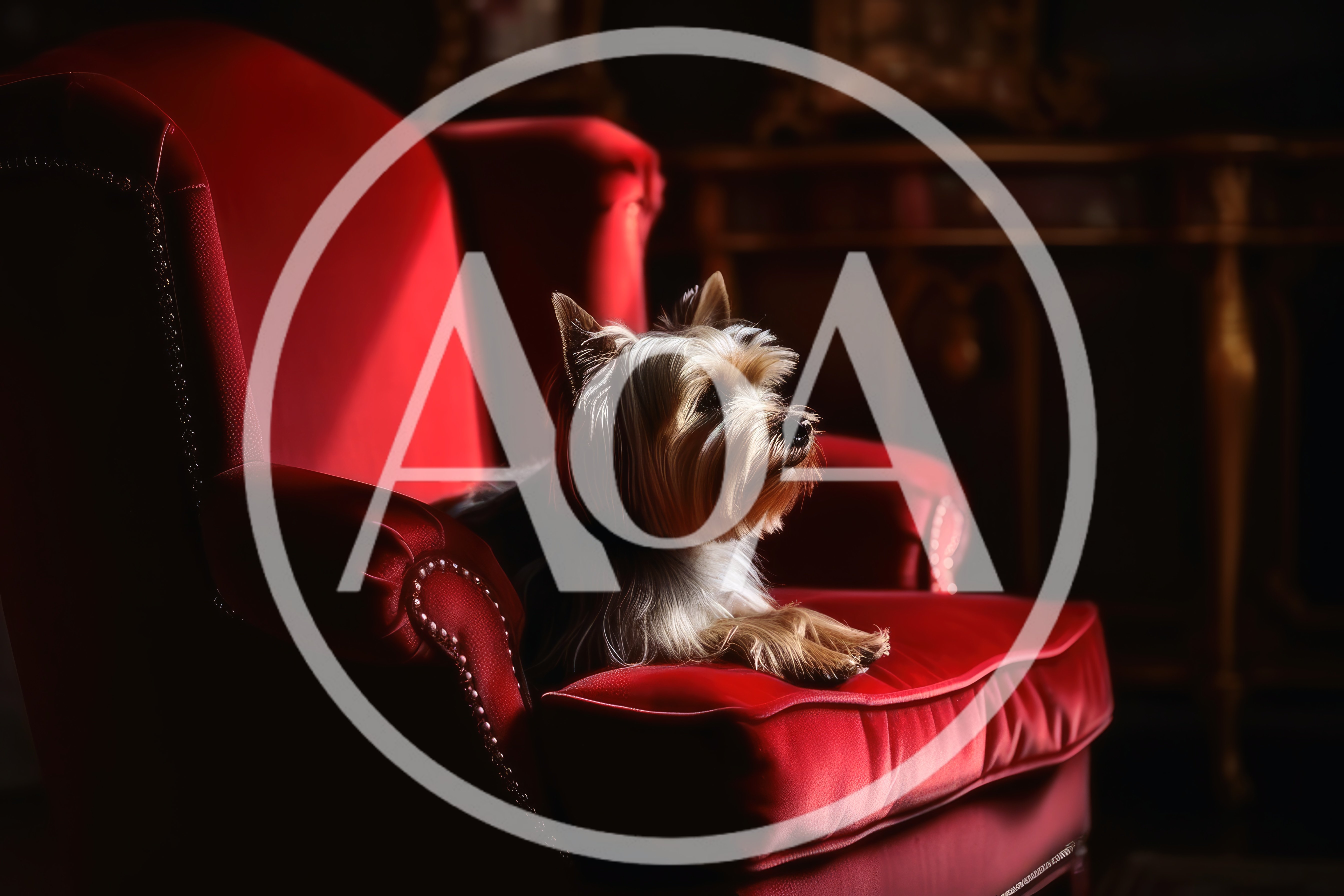 Yorkshire Terrier Resting on a Red Velvet Armchair