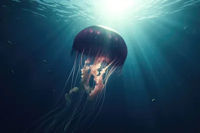 Majestic Jellyfish Swimming In Deep Blue Ocean Waters