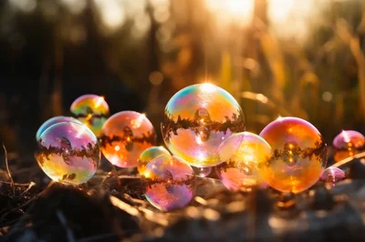 Iridescent Soap Bubbles Resting On Forest Ground