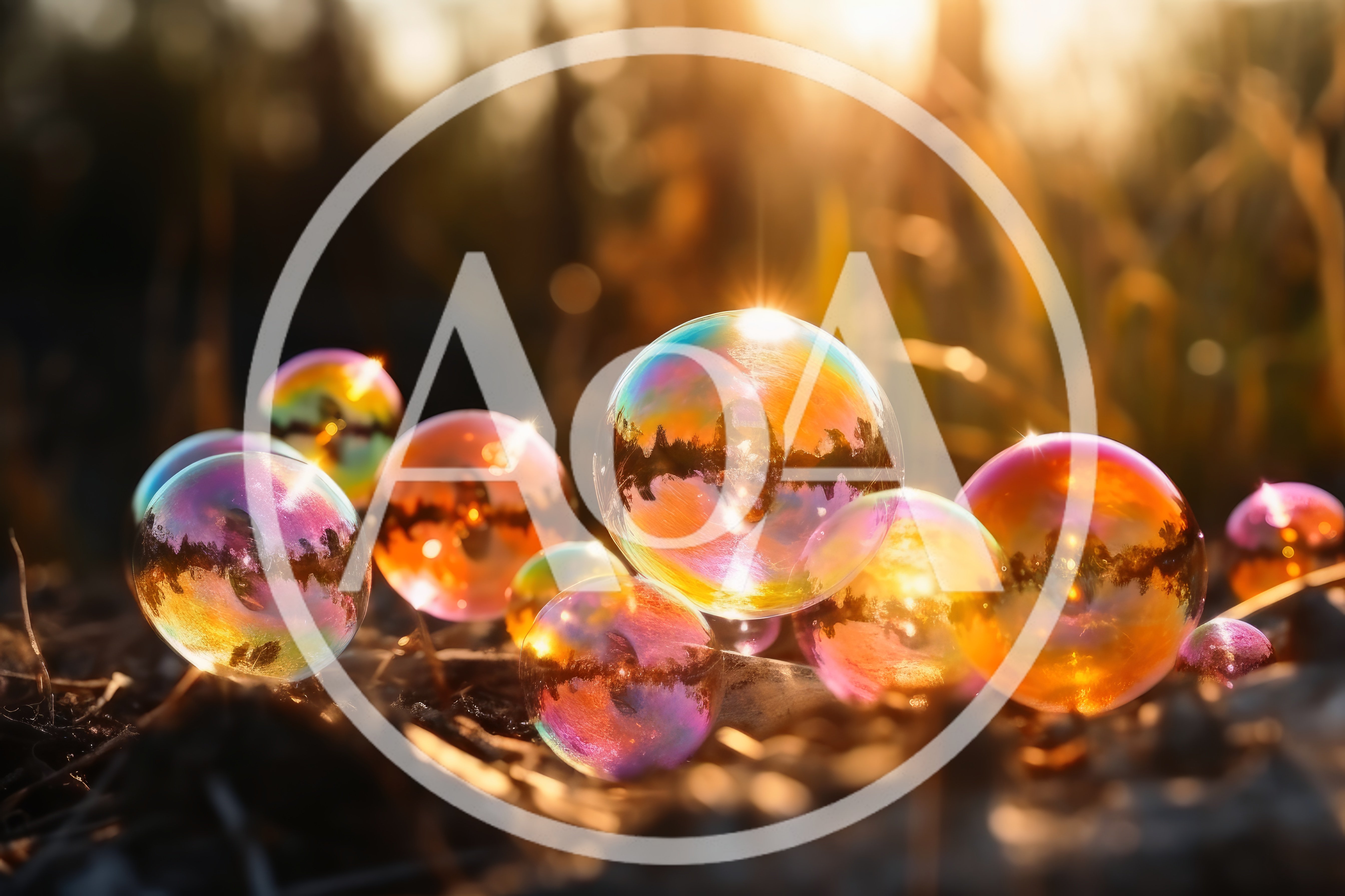 Iridescent Soap Bubbles Resting On Forest Ground