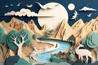 Paper Cutout Style Landscape With Mountains And River