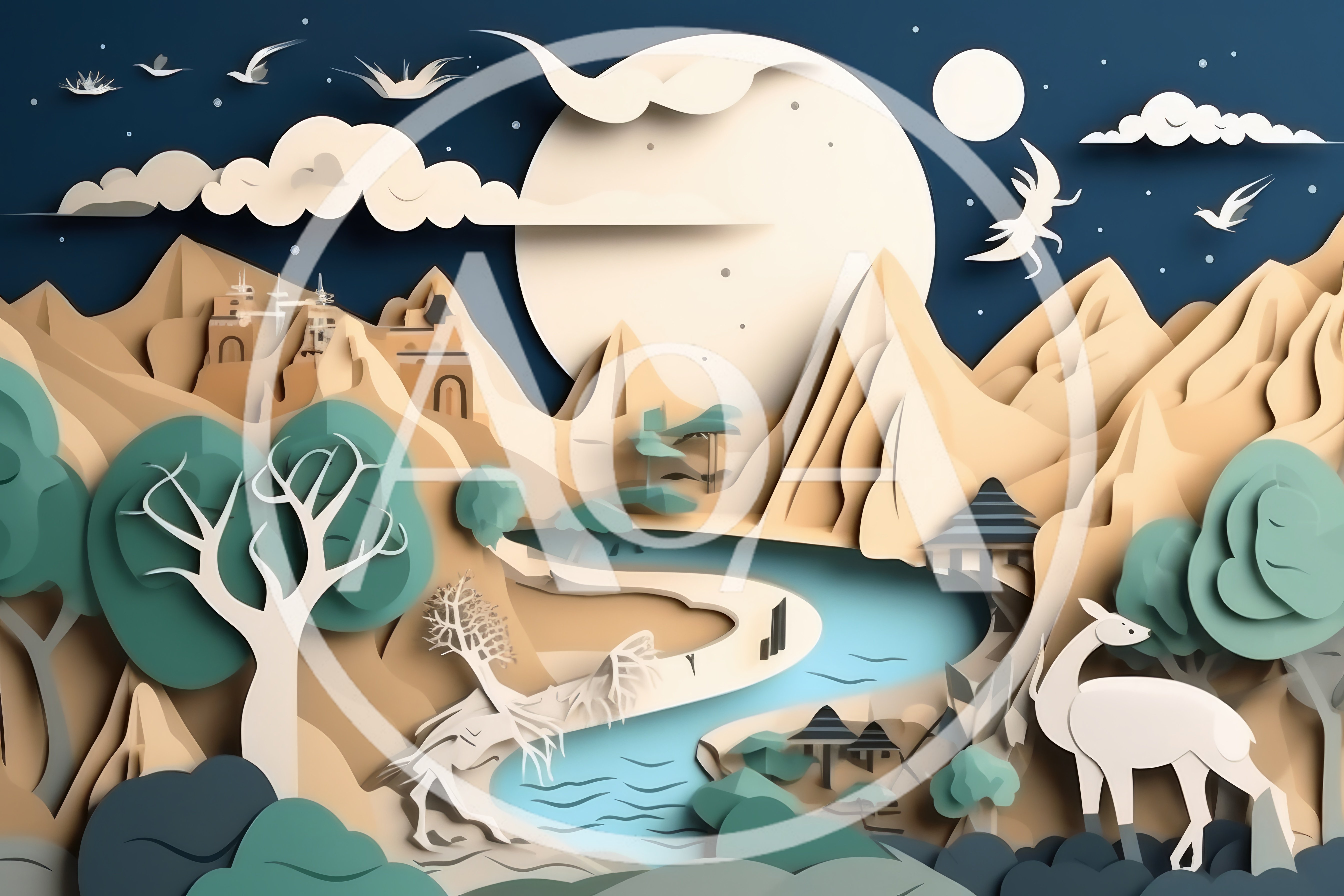 Paper Cutout Style Landscape With Mountains And River