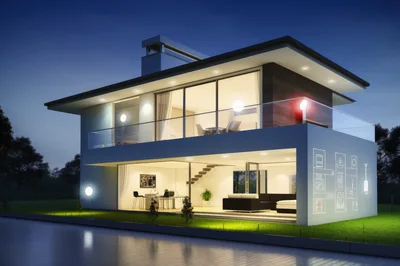 Modern Luxury Two Story House At Night
