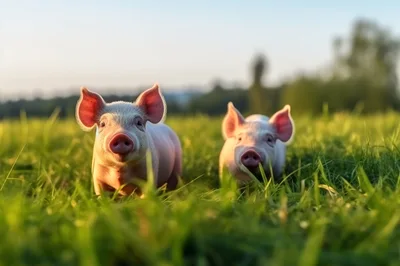 Two Cute Piglets Standing In A Grassy Field
