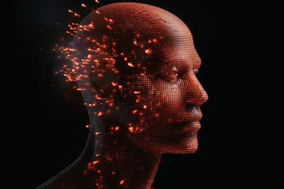 Digital Human Head Composed Of Glowing Data Particles