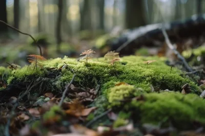 Small Ferns Growing From Vibrant Green Forest Moss
