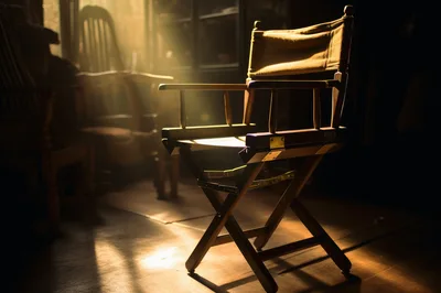 Empty Wooden Directors Chair In Sunlit Room