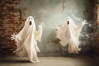 Two Spooky Ghosts In A Dilapidated Brick Room