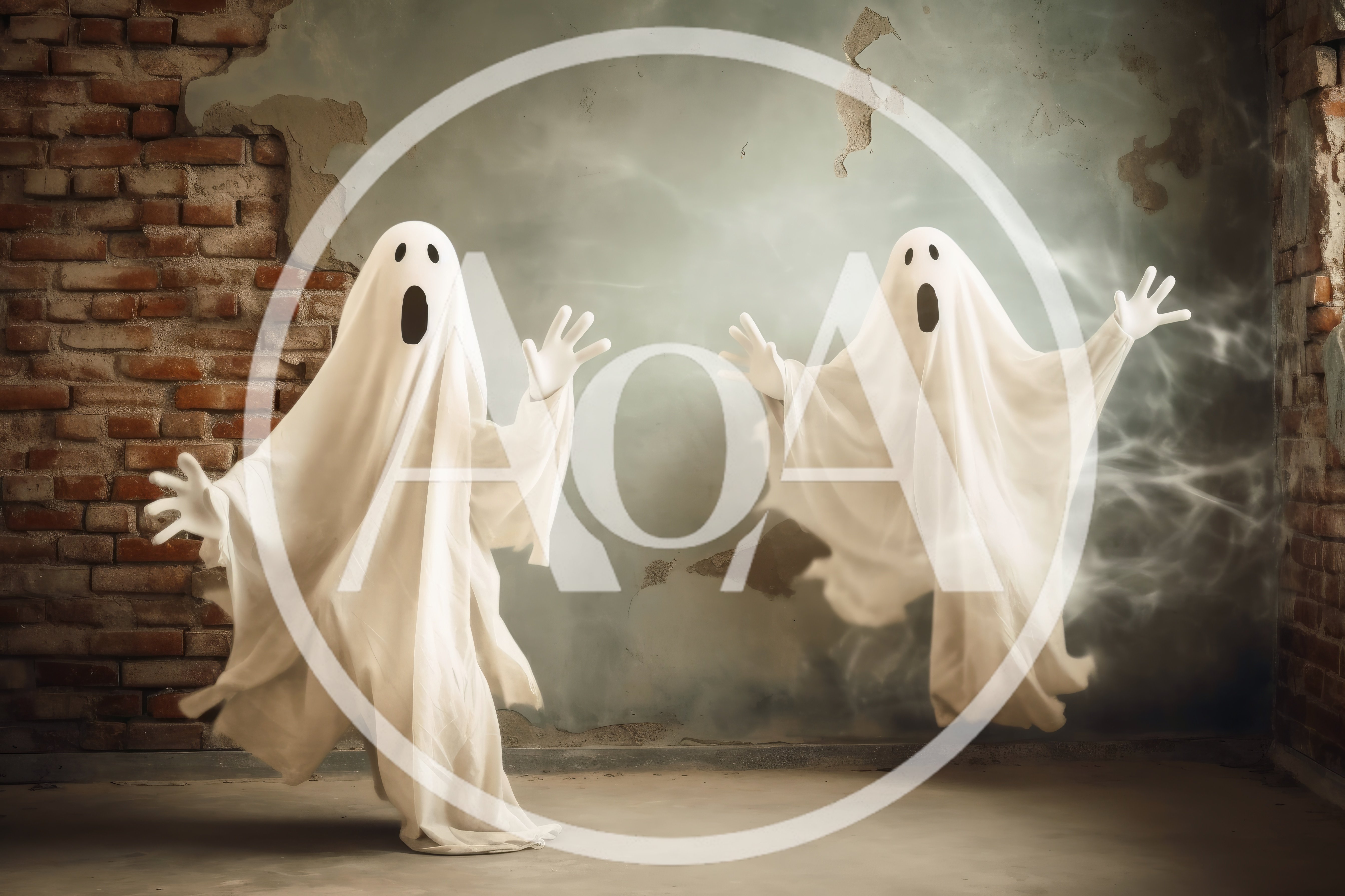 Two Spooky Ghosts In A Dilapidated Brick Room