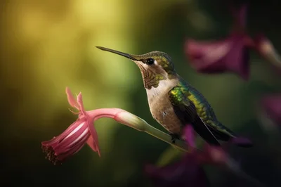 Ruby-Throated Hummingbird Perched On A Pink Flower