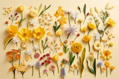 Flat Lay Arrangement of Assorted Yellow Spring Flowers