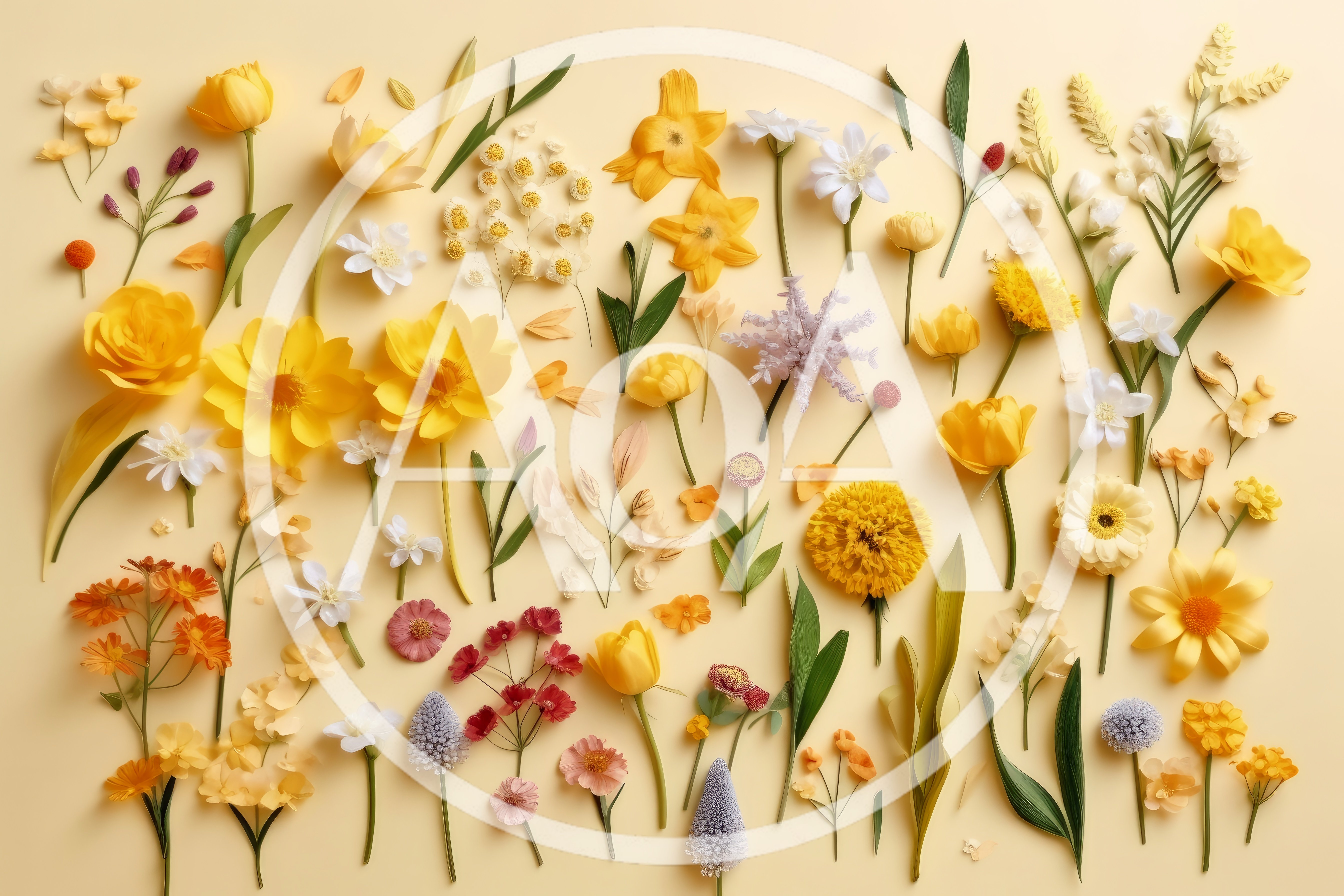 Flat Lay Arrangement of Assorted Yellow Spring Flowers