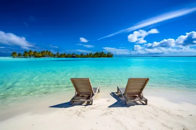 Two Wooden Lounge Chairs On A Tropical Beach