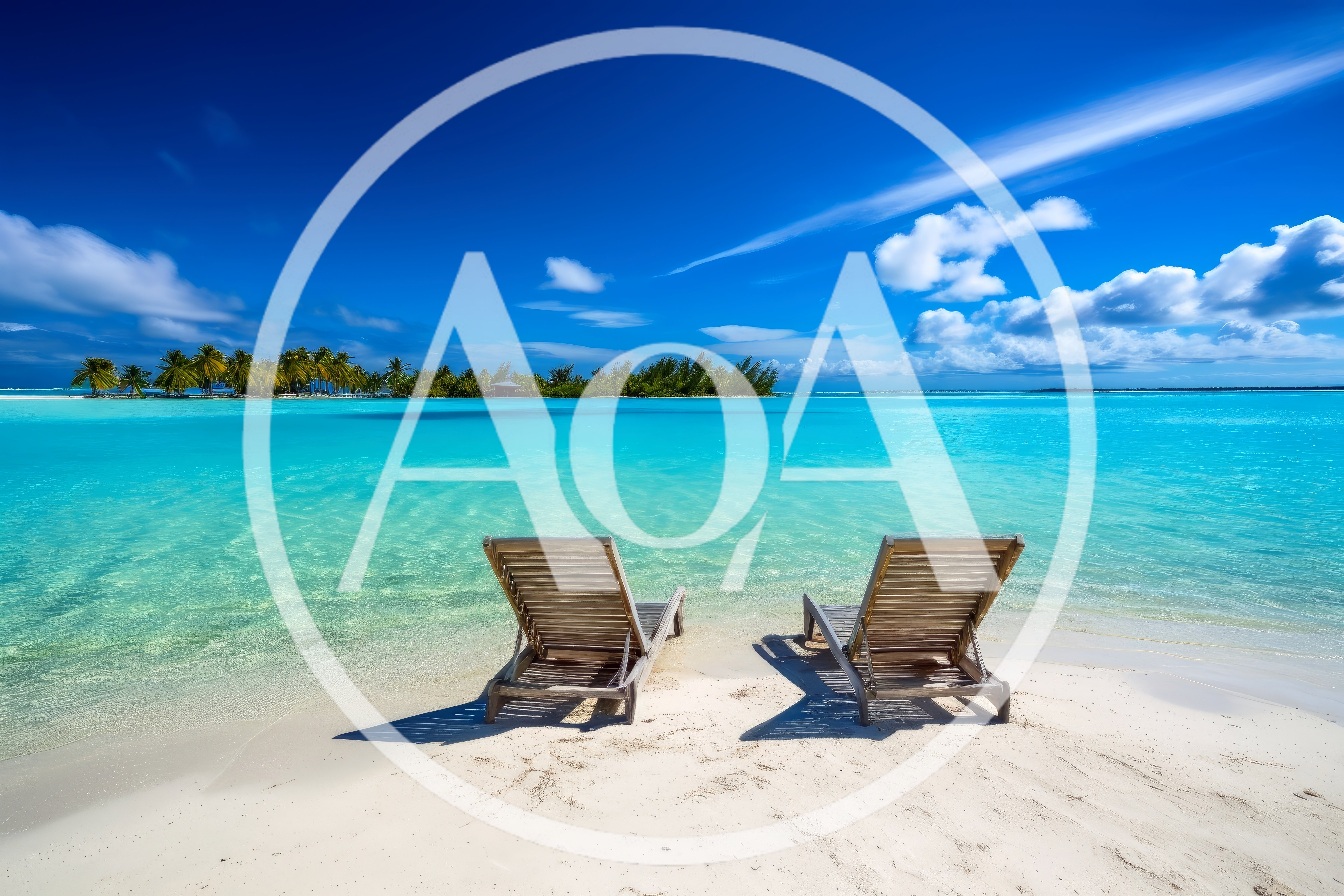 Two Wooden Lounge Chairs On A Tropical Beach