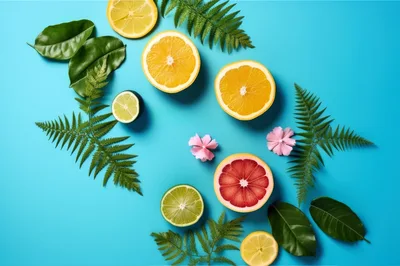 Citrus Fruit Slices With Fern Leaves On Blue Background