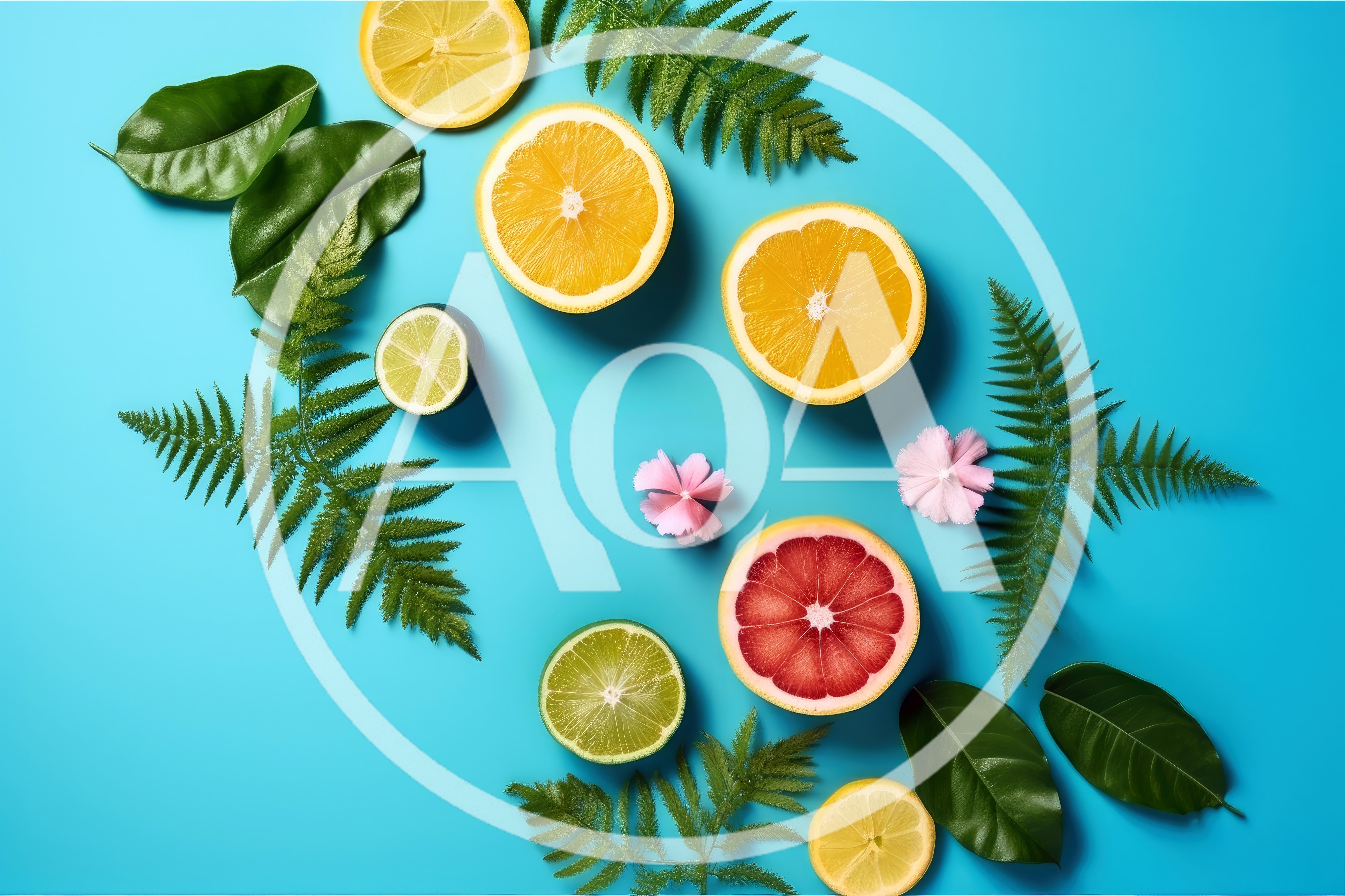 Citrus Fruit Slices With Fern Leaves On Blue Background