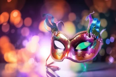 Venetian Masquerade Mask With Colorful Feathers And Bokeh