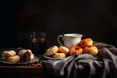 Still Life With Coffee And Assorted Glazed Donuts