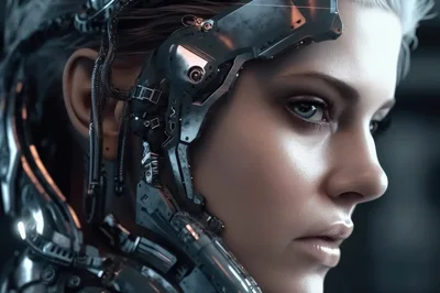 Cyborg Woman With Cybernetic Headgear And Neural Implants