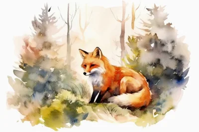 Watercolor Illustration Of A Red Fox In The Forest