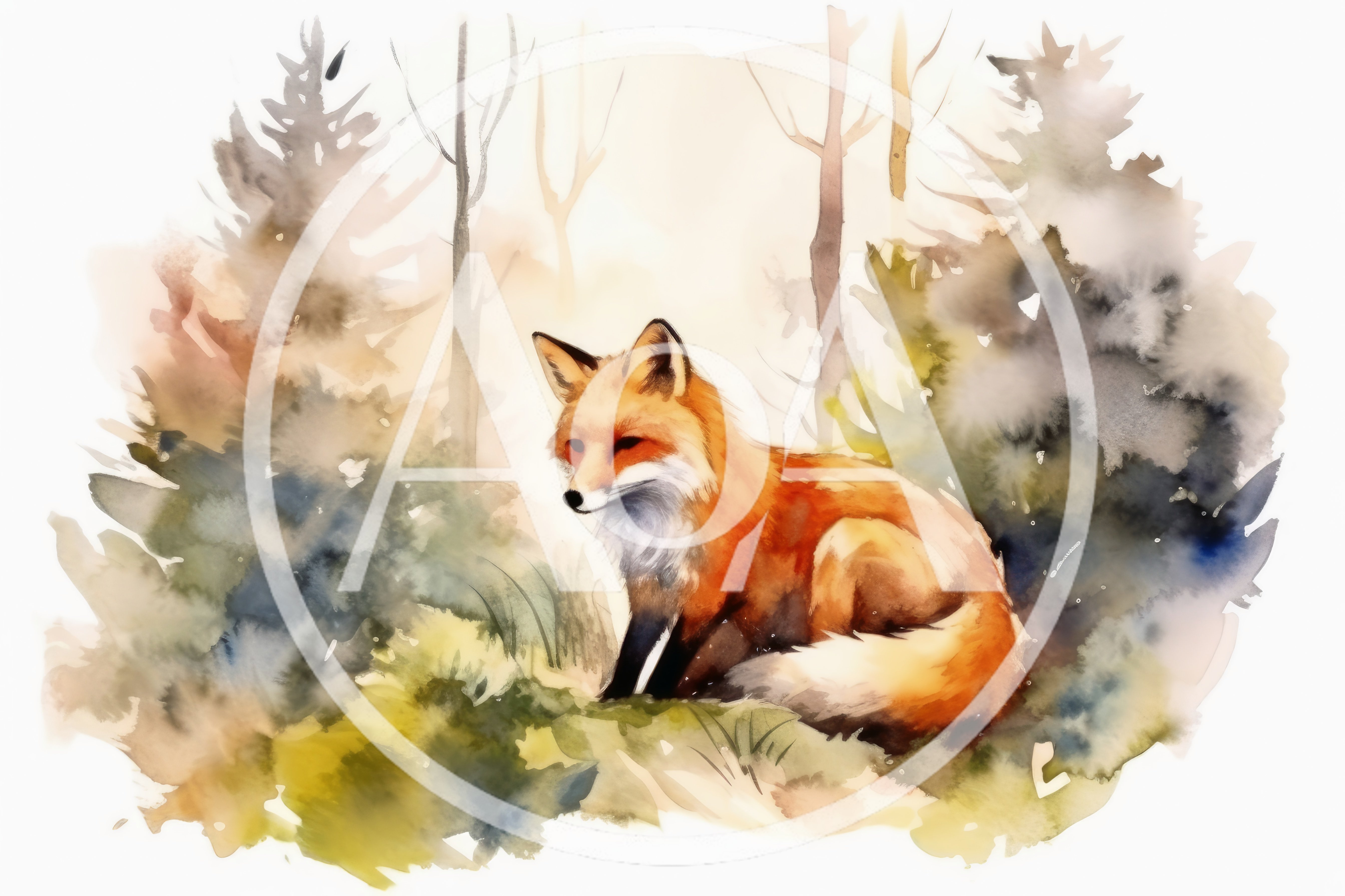 Watercolor Illustration Of A Red Fox In The Forest