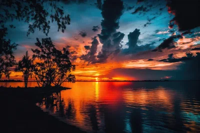 Vibrant Sunset Over A Calm Tropical Lake