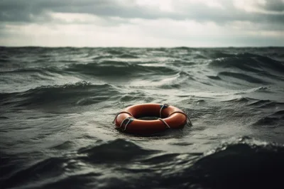 Orange Lifebuoy Floating In Rough Dark Ocean Waters