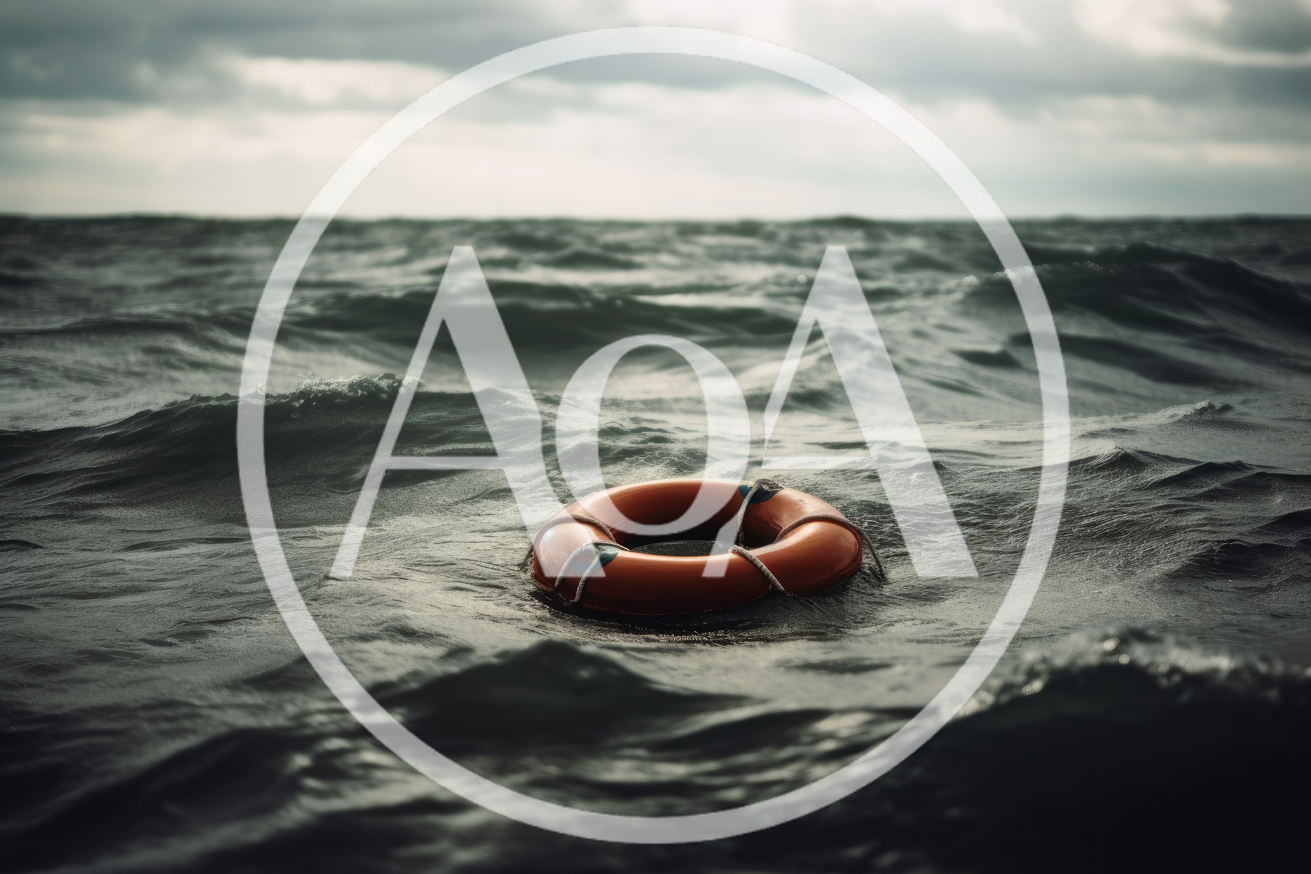Orange Lifebuoy Floating In Rough Dark Ocean Waters