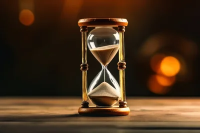 Wooden Hourglass With Flowing Sand On Dark Background