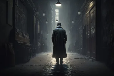 Man in Trench Coat Walking Down Dark Alleyway