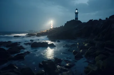 Two Lighthouses Illuminating A Rocky Coastal Shoreline At Night