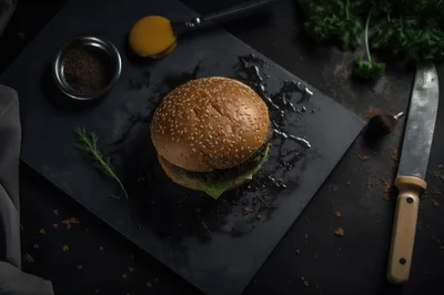 Gourmet Beef Burger On A Dark Slate Platter