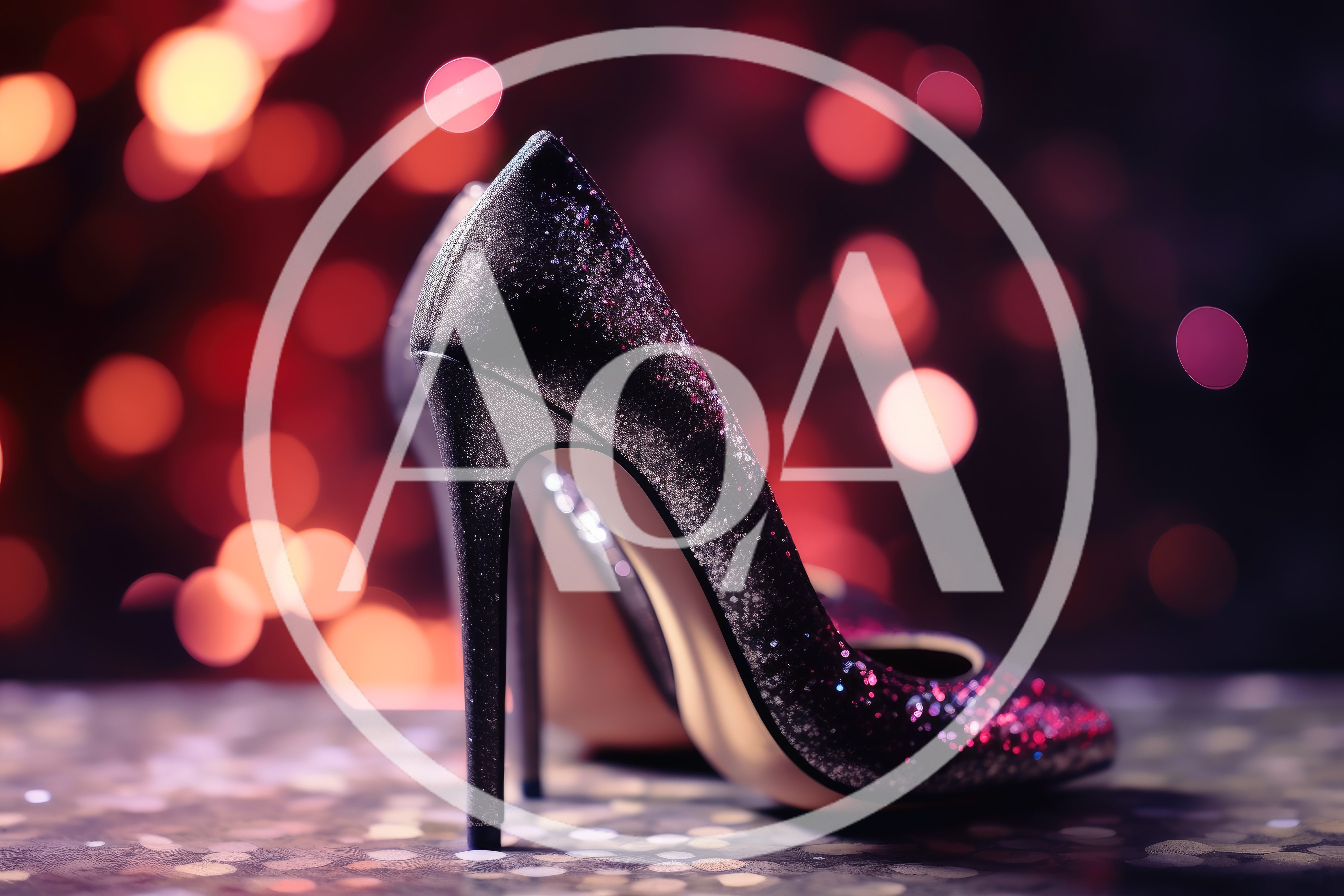 Glittering High Heel Shoes Against Blurred Bokeh Background