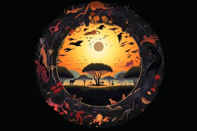 Circular African Savanna Wildlife Illustration