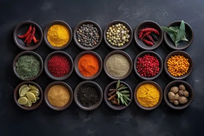 Assorted Spices and Herbs in Ceramic Bowls