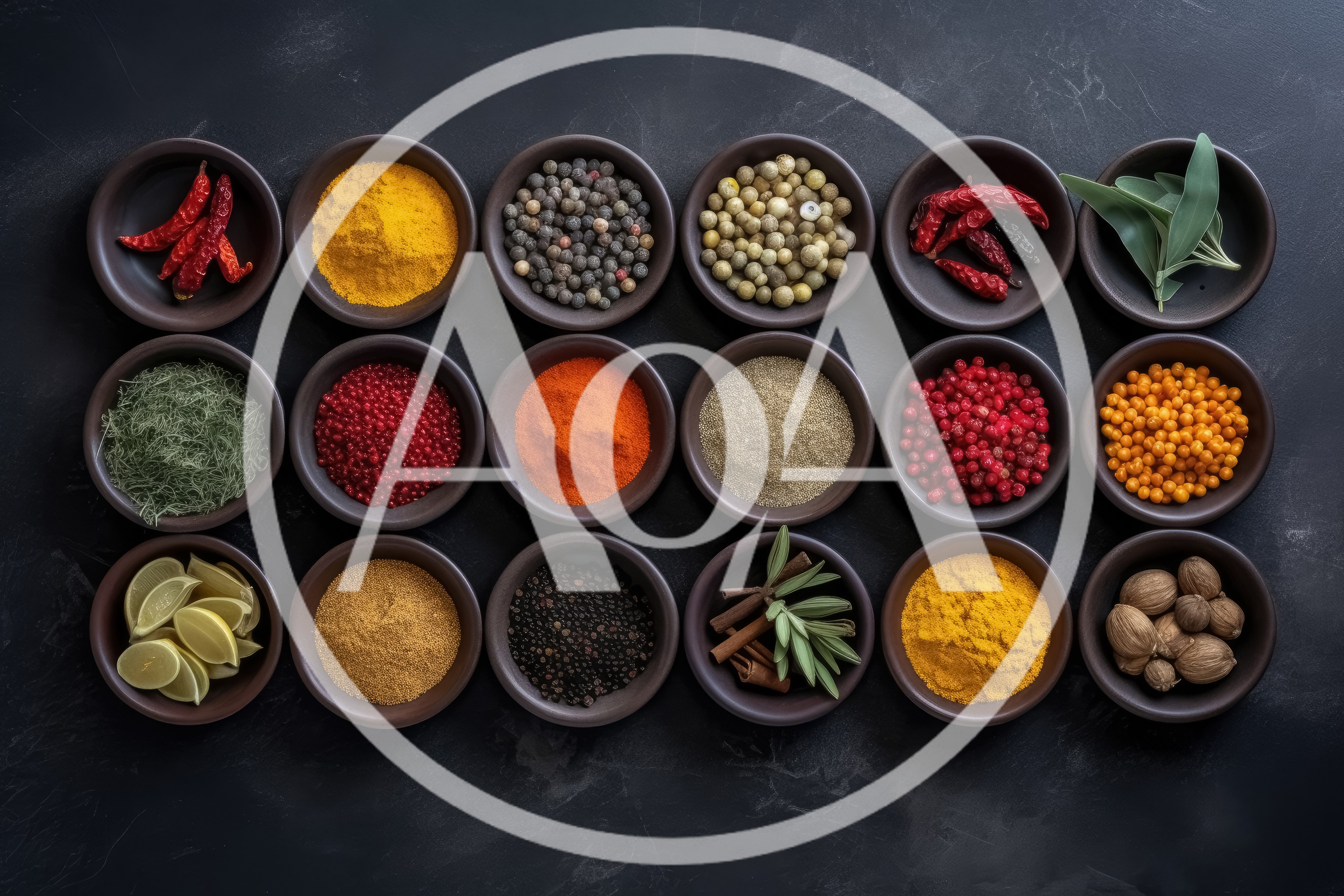 Assorted Spices and Herbs in Ceramic Bowls