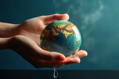 Hands Holding A Melting Globe With Water Dripping