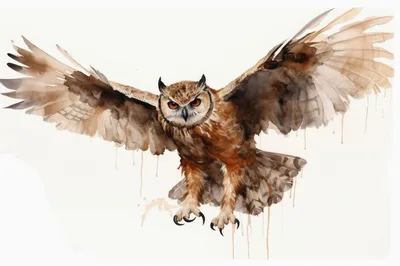 Watercolor Painting Of A Flying Great Horned Owl