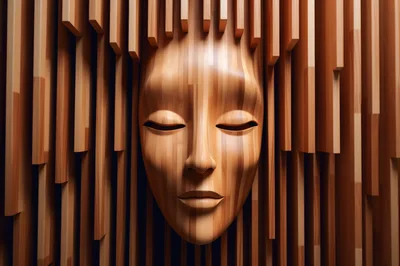 Abstract Wooden Face Sculpture With Vertical Slats