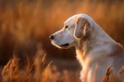 Golden Retriever Dog Standing In Golden Field