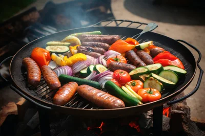 Assorted Sausages And Vegetables Grilling On Outdoor Fire Pit