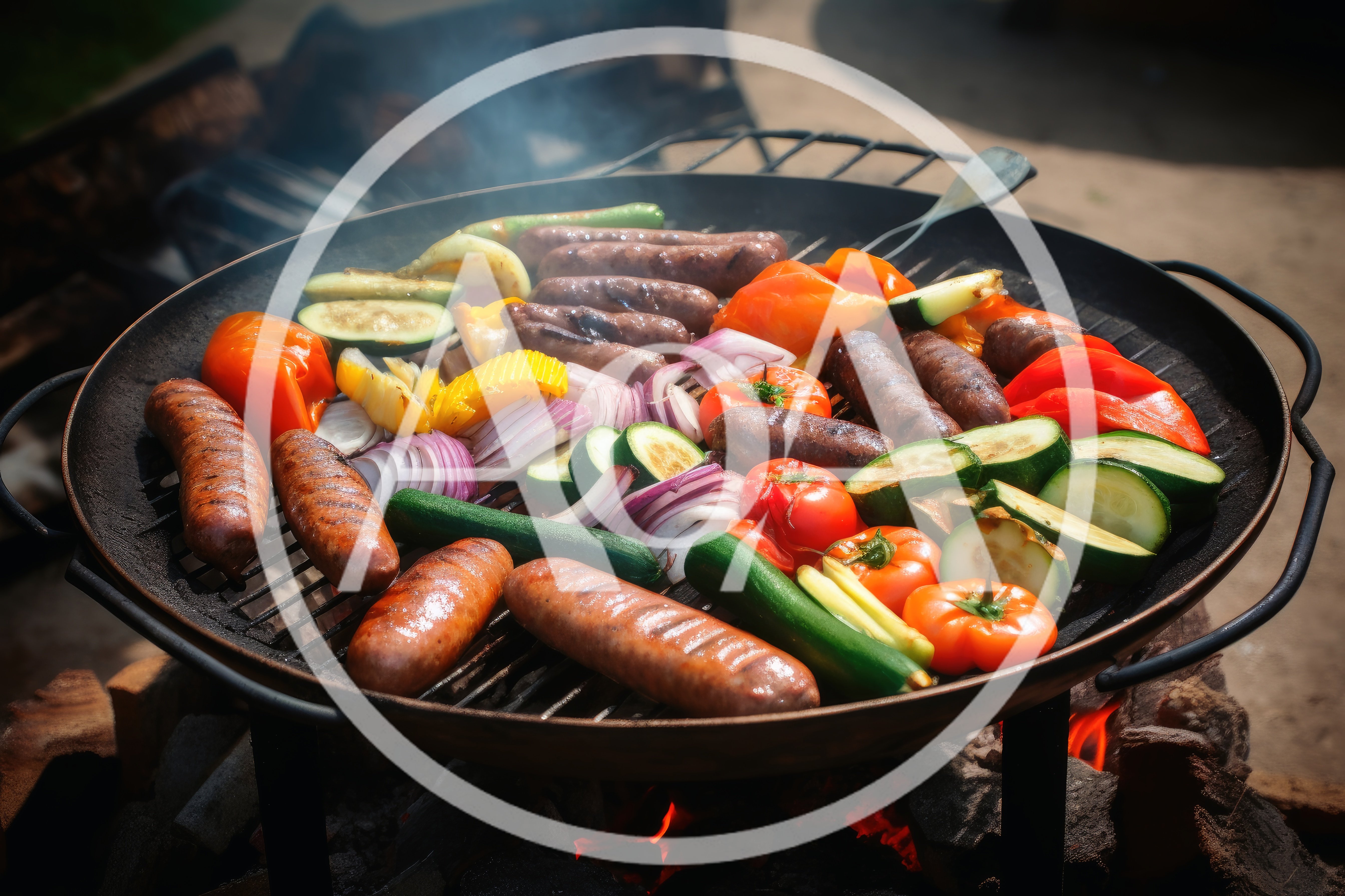 Assorted Sausages And Vegetables Grilling On Outdoor Fire Pit